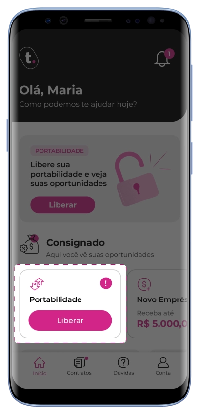 Como trazer seu empréstimo consignado para a meutudo? Passo 1: Depois de entrar no app da meutudo, clique em "Liberar".