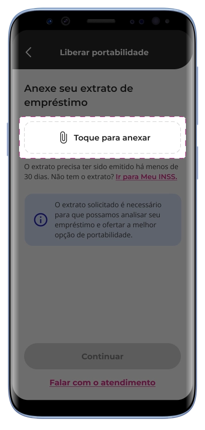 Como trazer seu empréstimo consignado para a meutudo? Passo 4: Se escolheu a opção Extrato de Empréstimo, toque para anexar e insira seu extrato.