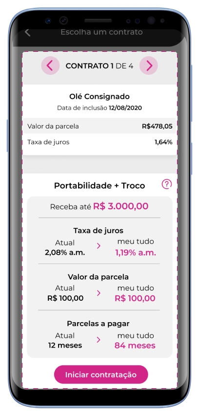 Como trazer seu empréstimo consignado para a meutudo? Passo 7: Selecione o seu contrato, verifique todas as informações e clique em "Iniciar Contratação".