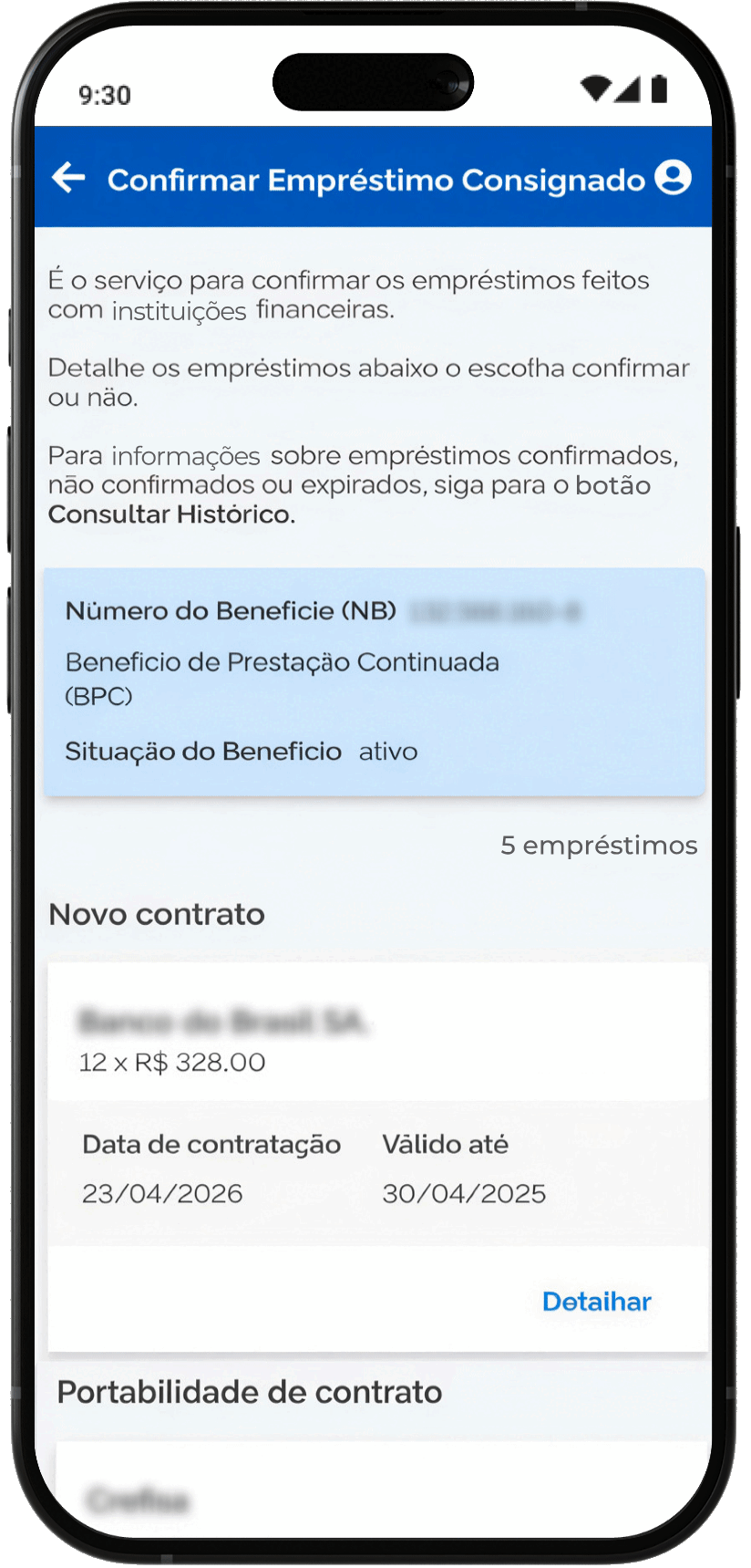 Como trazer seu empréstimo consignado para a meutudo? Passo 12: Role a tela até "Portabildiade de contrato" e clique na opção "Detalhar" quando ver sua solicitação de portabilidade