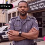 Pessoa com farda da polícia militar de São Paulo na frente de delegacia.