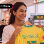 Mulher comprando camisa da seleção brasileira.