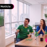 Funcionários em empresa assistindo jogo de futebol.