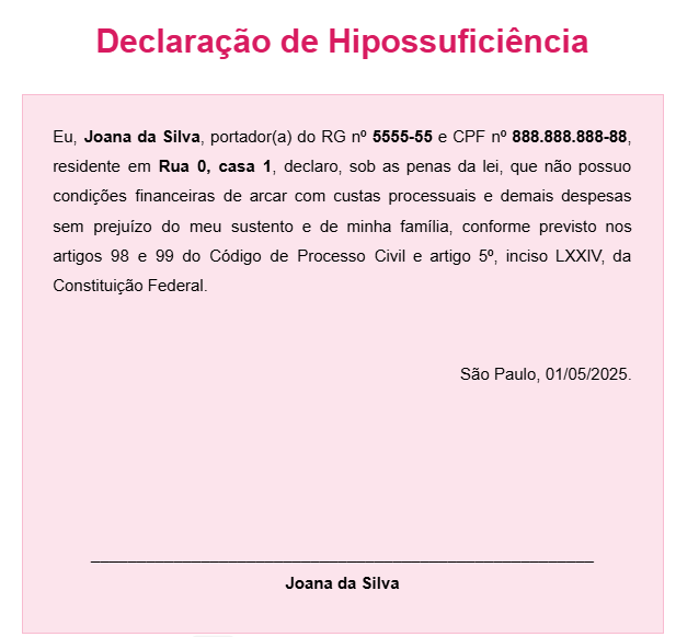 Modelo de declaração de Hipossuficiência pronto para baixar.