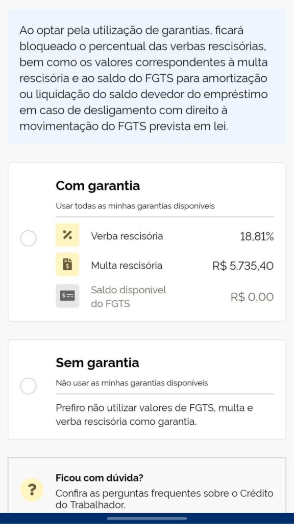 Aplicativo da CTPS Digital em página de simulação da contratação do empréstimo com as garantias.