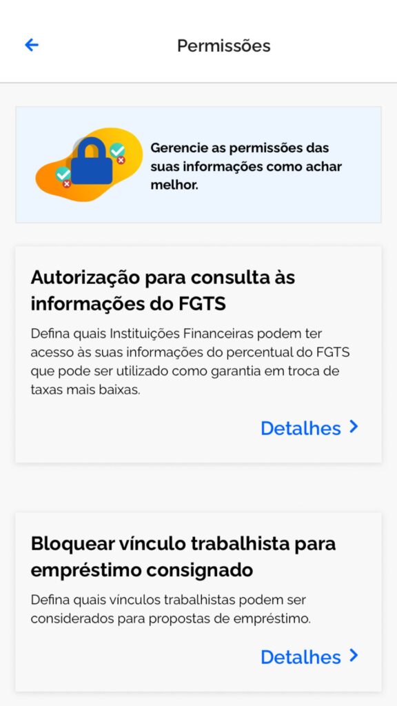 Exemplo das permissões que são necessárias para contratar Consignado CLT com garantia.