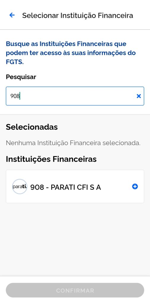 Aplicativo da CTPS Digital em tela para autorizar consulta da Parati Financeira.