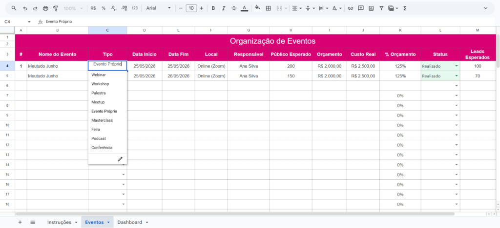 Pesquisa realizada da meutudo mostra planilha de eventos.