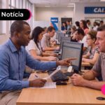Trabalhadores da Caixa econômica atendendo fila de pessoas.