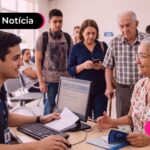 Idosos em fila para receber beneficio do INSS.