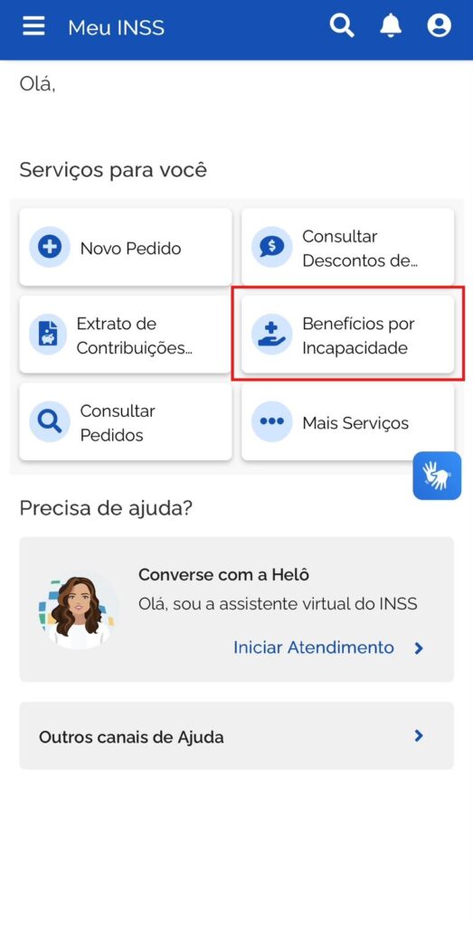 Aplicativo Meu INSS com acesso a serviços e opções de atendimento.