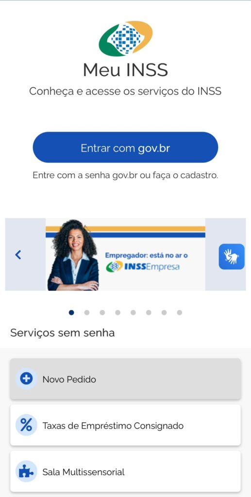 Aplicativo Meu INSS com acessos aos serviços e opções de atendimento.