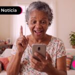Idosa apontando um dedo para cima e olhando para o celular.