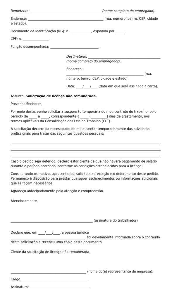 Modelo de carta licença não remunerada.