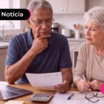Casal de idosos analisando documentos na mesa.