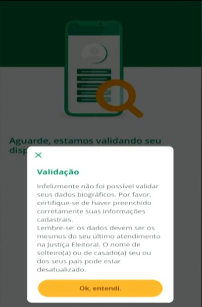 Validação da biografia no app do E-título.