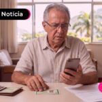 Idoso sentado à mesa olhando o celular preocupdo com golpe da prova de vida no Rio de Janeiro